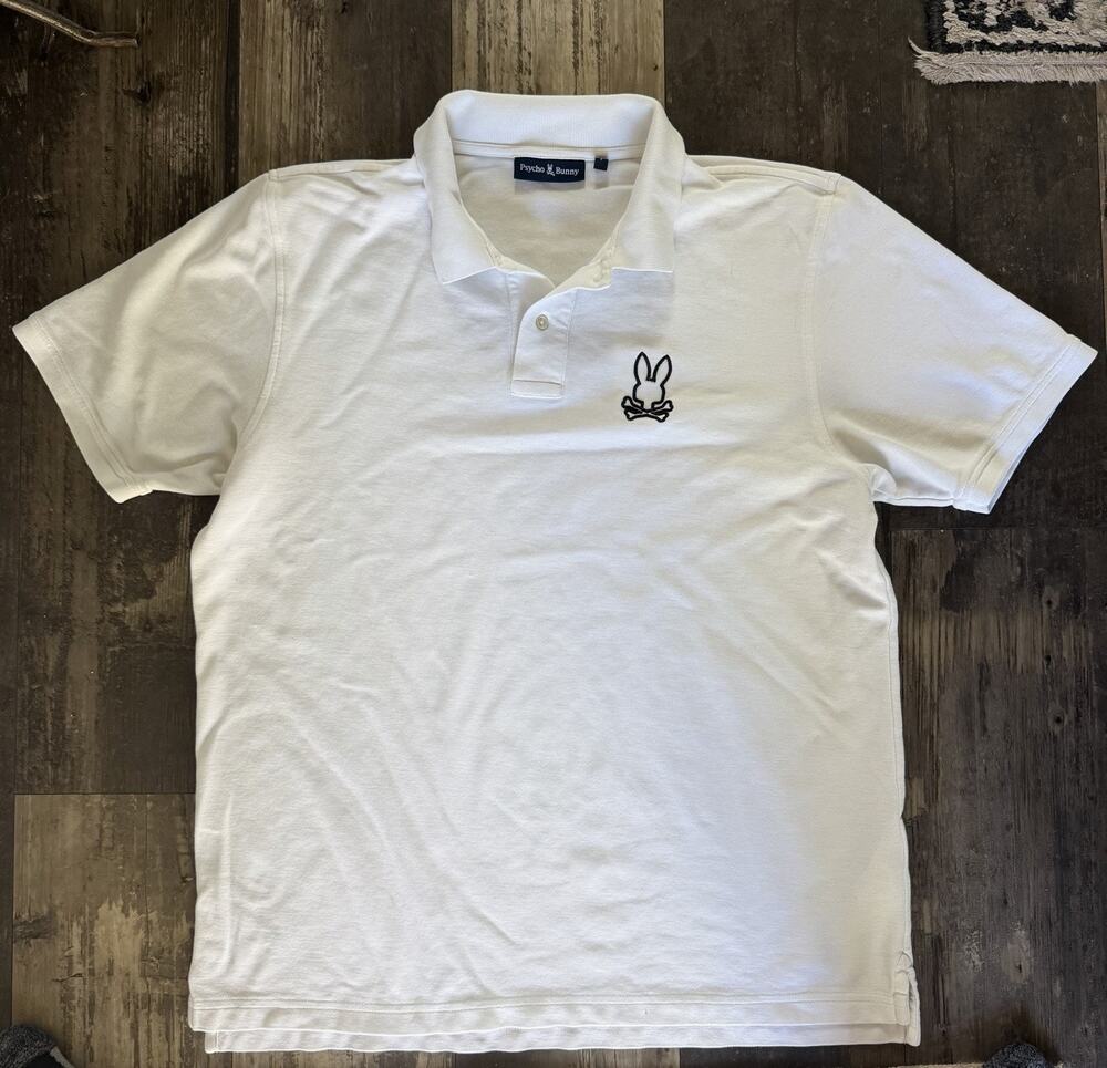 Psycho Bunny Men’s XL Size 7 White Pima Cotton Polo Shirt Black Logo Peru